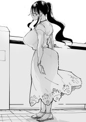 Rule 34 | black hair, breasts, dress, glasses, highres, inui achu, large breasts, long dress, ponytail, sandals, see-through, thong