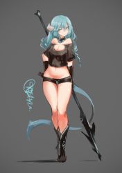 Rule 34 | 1girl, absurdres, bare shoulders, black gloves, blue eyes, blue hair, blush, breasts, cleavage, cleavage cutout, clothing cutout, commentary request, crop top, crop top overhang, deel (rkeg), detached collar, dragon girl, dragon horns, dragon tail, full body, gloves, grey background, hand on own hip, highres, horns, long hair, lowleg, lowleg shorts, matching hair/eyes, midriff, navel, off-shoulder shirt, off shoulder, original, polearm, shiny skin, shirt, short shorts, shorts, simple background, solo, tail, thigh gap, weapon