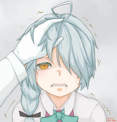 Rule 34 | 1girl, 1other, admiral (kancolle), braid, clenched teeth, dated, face, grey hair, hair over one eye, hair over shoulder, hamanami (kancolle), hand in another&#039;s hair, highres, kantai collection, orange eyes, single braid, solo focus, takasugi heppu, tears, teeth, trembling, twitter username