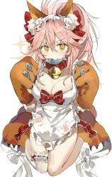 Rule 34 | 10s, 1girl, animal ear fluff, animal ears, animal hands, apron, bad id, bad pixiv id, bare shoulders, bell, between fingers, blush, bow, breasts, cat hair ornament, cat paws, cleavage, closed mouth, collar, collarbone, fate/extra, fate/grand order, fate (series), fish, fox ears, fox tail, frills, gloves, hair between eyes, hair bow, hair ornament, highres, hip focus, holding, jingle bell, kneeling, large breasts, long hair, looking at viewer, maid headdress, mouth hold, naked apron, neck bell, paw gloves, paw print, paw shoes, pink hair, red bow, shoes, sidelocks, simple background, smile, solo, sparkle, tail, tamamo (fate), tamamo cat (fate), tamamo cat (third ascension) (fate), thighs, white background, yuuko (030 yuko)