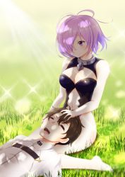 Rule 34 | 1boy, 1girl, absurdres, bare legs, bare shoulders, blurry, blush, breasts, brown hair, cleavage, depth of field, closed eyes, fate/grand order, fate (series), fujimaru ritsuka (male), groin, hair over one eye, hand in another&#039;s hair, hand on another&#039;s face, highres, lap pillow, large breasts, mash kyrielight, navel, purple eyes, purple hair, sarujie (broken monky), sitting, sleeping, smile, wariza