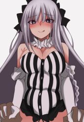 Rule 34 | 1boy, 1girl, absurdres, bare shoulders, black bow, black eyes, bow, braid, breasts, cleavage, collar, dress, elbow gloves, fate/strange fake, fate (series), francesca prelati (fate), frilled collar, frills, girl on top, gloves, grey hair, hair bow, highres, holding hands, implied sex, licking lips, long hair, looking at viewer, maz 515, medium breasts, out-of-frame censoring, ringed eyes, sidelocks, smile, solo focus, spread legs, straddling, striped clothes, striped dress, thighs, tongue, tongue out, very long hair, white dress, white gloves