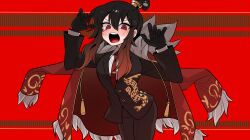 Rule 34 | 1girl, 69 ronku, bad id, bad pixiv id, black gloves, black jacket, black pants, coat, coat on shoulders, collared shirt, gloves, hair bun, highres, jacket, library of ruina, long sleeves, necktie, open mouth, pants, project moon, red background, red coat, red eyes, red necktie, salamander (vocaloid), shirt, simple background, solo, white shirt, xiao (project moon)