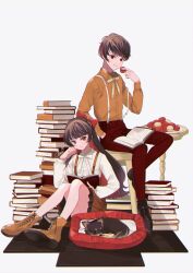 Rule 34 | 1boy, 1girl, black footwear, book, book stack, boots, brown eyes, brown footwear, brown hair, brown hat, brown skirt, charpaaa, chewing, chihuahua, eat me, eating, food, hat, highres, long hair, macaron, original, pants, plaid, plaid pants, plaid skirt, shirt, signature, simple background, sitting, skirt, suspenders, white background, white shirt