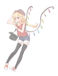 Rule 34 | 1girl, alternate costume, black thighhighs, blonde hair, eating, flandre scarlet, food, full body, hair ornament, hairclip, hat, ice cream, looking afar, pointy ears, red eyes, sakurea, shoes, short shorts, shorts, simple background, sketch, solo, sweater, sweater vest, thighhighs, touhou, white background, white footwear, wings