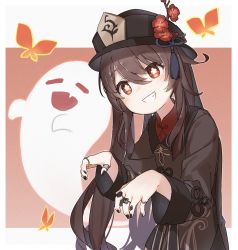 Rule 34 | 1girl, :d, = =, black dress, black hat, black nails, brown eyes, brown hair, closed eyes, commentary request, dress, fang, flower, flower-shaped pupils, genshin impact, ghost, grin, hair between eyes, hat, highres, hu tao (genshin impact), jewelry, long hair, long sleeves, looking at viewer, nail polish, open mouth, red flower, red shirt, ring, shirt, smile, solo, symbol-shaped pupils, thumb ring, upper body, very long hair, yukie (kusaka shi)