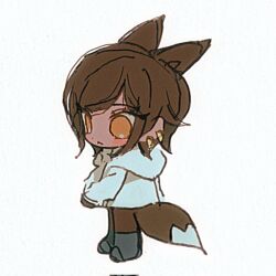 Rule 34 | 1girl, :3, animal ears, black footwear, black gloves, black pants, boots, brown eyes, brown hair, chibi, chibi only, closed mouth, coat, e.g.o (project moon), earrings, fox ears, fox tail, full body, gloves, highres, hood, hood down, hooded coat, huyj cl, jewelry, limbus company, long sleeves, outis (project moon), pants, project moon, solo, tail, white coat