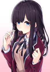 Rule 34 | 1girl, ao no neko, black hair, black ribbon, blazer, blue eyes, breasts, brown background, candy, chocolate, chocolate heart, collared shirt, commentary request, dress shirt, food, food in mouth, gradient background, hands up, heart, highres, jacket, long hair, long sleeves, looking at viewer, mouth hold, neck ribbon, open clothes, open jacket, original, red jacket, ribbon, school uniform, shirt, small breasts, solo, sweater vest, upper body, valentine, white background, white shirt