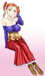 Rule 34 | 1girl, bare shoulders, belt, belt pouch, black pantyhose, boots, breasts, brown eyes, cleavage, corset, dragon quest, dragon quest viii, dress, earrings, full body, jessica albert, jewelry, large breasts, long dress, long hair, necklace, pantyhose, pouch, purple shirt, red hair, shirt, sitting, solo, square enix, st.germain-sal, strapless, strapless dress, twintails