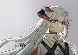 Rule 34 | 1girl, arknights, closed mouth, gogatsu fukuin, hair between eyes, hair strand, high collar, horns, long hair, looking at viewer, messy hair, red eyes, saria (arknights), sidelocks, simple background, solo, upper body, white hair