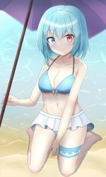 1girl beach_umbrella bikini blue_bikini blue_eyes blue_hair breasts cleavage closed_mouth full_body heterochromia highres hyakuya_iori looking_at_viewer navel outdoors red_eyes sand short_hair sitting skirt smile solo swimsuit tatara_kogasa touhou umbrella wariza water white_skirt