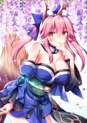 Rule 34 | 1girl, animal ear fluff, animal ears, bare shoulders, blue kimono, blue ribbon, blush, breasts, cleavage, closed mouth, commentary, commentary request, detached sleeves, fate/grand order, fate (series), finger to mouth, flower, fox ears, fox girl, fox shadow puppet, fox tail, fukase ayaka, hair ribbon, japanese clothes, kimono, large breasts, looking at viewer, outdoors, petals, pink hair, ribbon, solo, tail, tamamo (fate), tamamo no mae (fate/extra), yellow eyes