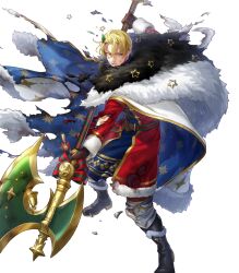 Rule 34 | 1boy, argon (exys), bell, black footwear, blonde hair, blue cape, blue eyes, brown gloves, cape, damaged, dimitri alexandre blaiddyd, dimitri alexandre blaiddyd (blessed protector), fire emblem, fire emblem: three houses, fire emblem heroes, fur-trimmed cape, fur trim, gloves, hair ornament, halberd, highres, holly, holly hair ornament, male focus, multicolored cape, multicolored clothes, nintendo, non-web source, official alternate costume, official art, parted bangs, polearm, simple background, solo, torn cape, torn clothes, weapon, white background, white cape