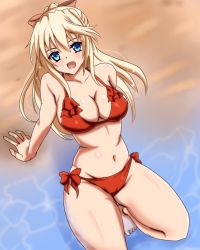 Rule 34 | 10s, 1girl, absolute duo, bare shoulders, barefoot, bikini, blonde hair, blue eyes, blush, breasts, cleavage, curvy, female focus, large breasts, lilith bristol, long hair, looking at viewer, navel, open mouth, sitting, solo, swimsuit, thick thighs, thighs, tranquilizer (bestcenter), wide hips