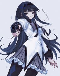 Rule 34 | 1girl, aiming, aiming at viewer, akemi homura, argyle, argyle clothes, argyle legwear, black eyes, black hair, blunt bangs, capelet, cross, cross necklace, empty eyes, finger on trigger, frown, grey background, gun, hairband, highres, holding, holding gun, holding weapon, jewelry, long hair, looking at viewer, mahou shoujo madoka magica, mahou shoujo madoka magica (anime), necklace, pleated skirt, pointing gun, r (reijibnuy2), simple background, skirt, solo, weapon, white background