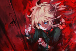 Rule 34 | 10s, 1girl, blonde hair, blood, blue eyes, commentary request, cross, crying, crying with eyes open, iron cross, long hair, long sleeves, military, military uniform, open mouth, red theme, solo, tanya degurechaff, tears, teeth, uni (bom19850101), uniform, youjo senki