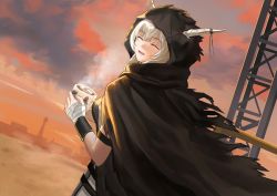 Rule 34 | 1girl, :d, absurdres, arknights, arm strap, bandaged hand, bandages, black cape, black scarf, breasts, cape, cityscape, cloud, commentary request, cup, doctor (arknights), evening, facing back, facing viewer, hasegawamorito, highres, holding, holding cup, hood, hooded cape, horn ornament, horns, horns through hood, long hair, medium breasts, open mouth, orange sky, outdoors, scarf, shining (arknights), silver hair, sky, smile, solo, steam, sugar cube, sunset, upper body