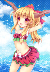 Rule 34 | 1girl, alternate hairstyle, arms up, bikini, blonde hair, blue sky, bow, cloud, day, enjoy mix, fang, hair bow, horns, ibuki suika, long sleeves, navel, oni horns, open mouth, ponytail, red eyes, sky, smile, solo, swimsuit, touhou