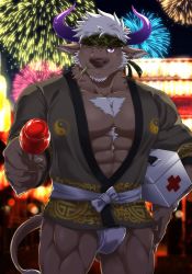 Rule 34 | 1boy, ;), abs, alternate costume, animal ears, bara, bare pectorals, bulge, camouflage, candy apple, chest hair, cow boy, cow ears, cow horns, festival, fireworks, first aid kit, food, furry, furry male, headband, highres, horns, incoming food, japanese clothes, kimono, large pectorals, loincloth, male focus, muscular, nipples, no pants, one eye closed, open clothes, open kimono, pectorals, purple eyes, purple horns, shennong (housamo), short hair, sideburns, smile, solo, thick thighs, thighs, tokyo houkago summoners, white hair, yanai inaya