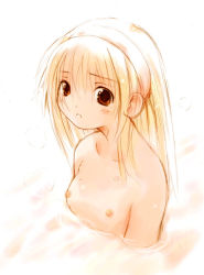 Rule 34 | 1girl, bath, blush, collarbone, eyebrows, female focus, flat chest, hairband, long hair, looking at viewer, monochrome, nipples, nude, solo, yamane masato