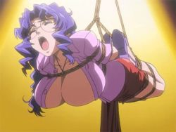 Rule 34 | 00s, 1girl, aasu shii, animated, animated gif, bdsm, blue hair, bondage, bouncing breasts, bound, breasts, cleavage, cross, closed eyes, glasses, huge breasts, lowres, open mouth, puni puni poemy, purple hair, rope, suspension