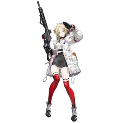 Rule 34 | 1girl, :d, armband, artist request, black footwear, black gloves, black leotard, blonde hair, blue eyes, breasts, check weapon, coat, covered navel, full body, gas mask, girls&#039; frontline, gloves, gun, hera arms vrb, highres, holding, holding gun, holding weapon, hood, hood down, hooded coat, leotard, long sleeves, looking at viewer, mask, medium breasts, multicolored clothes, multicolored footwear, multicolored gloves, official art, open mouth, parted bangs, pouch, pump-action rifle, pump action, red thighhighs, rifle, salute, short hair, short twintails, simple background, smile, solo, standing, sticker, thighhighs, third-party source, transparent background, trigger discipline, twintails, two-sided gloves, vrb (girls&#039; frontline), weapon, white coat, white footwear, white gloves