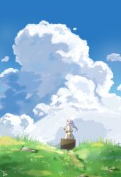 Rule 34 | 1girl, absurdres, blue sky, blush, capelet, cloud, commentary request, cruvie, cumulonimbus cloud, day, elf, floating hair, frieren, from side, grass, green eyes, grey hair, highres, holding, holding suitcase, long hair, looking afar, outdoors, pointy ears, profile, signature, skirt, sky, solo, sousou no frieren, standing, suitcase, twintails, white capelet, white skirt, wide shot