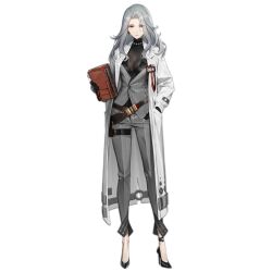 Rule 34 | 1girl, ankle strap, artist request, belt, black footwear, black gloves, book, breasts, brown belt, brown eyes, closed mouth, coat, doctor, earrings, expressionless, eyes visible through hair, formal, full body, girls&#039; frontline, gloves, grey hair, grey jacket, grey pants, hair over one eye, hand in pocket, high heels, holding, holding book, id card, jacket, jewelry, lab coat, lady gray (girls&#039; frontline), large breasts, long hair, long sleeves, looking at viewer, necklace, no socks, official art, open clothes, open coat, pants, pearl necklace, scientist, simple background, solo, standing, suit, thigh strap, transparent background, white coat