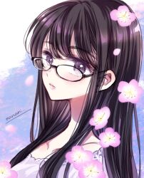 Rule 34 | 1girl, artist name, black-framed eyewear, black hair, blue background, blush, closed mouth, commentary, expressionless, falling petals, glasses, himawari-san, himawari-san (character), lips, long hair, long neck, looking at viewer, petals, pink lips, portrait, purple eyes, signature, simple background, solo, sugano manami, symbol-only commentary, two-tone background, white background