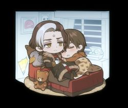 Rule 34 | 2boys, :3, adventurer (ff14), animal hood, bear hood, bed, bird, black coat, black footwear, blanket, brown hair, chibi, chinese commentary, closed eyes, coat, commentary request, curtains, drawing (object), drooling, emet-selch, epaulettes, facial hair, final fantasy, final fantasy xiv, full body, fur-trimmed coat, fur trim, garlean, gloves, hair between eyes, hand on own stomach, hood, hood down, hyur, indoors, looking at another, lying, male focus, multicolored hair, multiple boys, on back, on bed, on side, onesie, pillow, rug, shoebill, short hair, sleeping, smile, streaked hair, stubble, stuffed animal, stuffed toy, teddy bear, third eye, two-tone hair, warrior of light (ff14), white gloves, white hair, window, wuliu heihuo, yellow eyes
