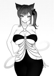 Rule 34 | 1girl, animal ear fluff, animal ears, bare shoulders, bow, brassica, breasts, cat ears, cat tail, closed mouth, collarbone, hair bow, hand on own hip, highres, large breasts, o-ring, o-ring bra, original, side ponytail, sidelocks, skindentation, skirt, solo, tail, thick eyelashes