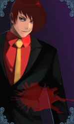 Rule 34 | 1boy, alternate costume, blood, blood splatter, formal, fringe trim, hair over one eye, male focus, necktie, red hair, smile, solo, steward b, suit, the king of fighters, yagami iori