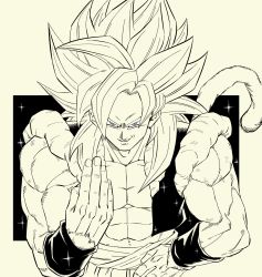 Rule 34 | abs, biceps, body fur, dragon ball, dragon ball gt, fusion, fusion dance, gogeta, hand on own hip, highres, homelanderrr, looking at viewer, male focus, metamoran vest, monkey boy, monkey tail, muscular, muscular male, no nipples, pectorals, saiyan, simple background, smirk, solo, spiked hair, standing, super saiyan, super saiyan 4, tail