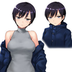 Rule 34 | 1girl, bare shoulders, black hair, blue coat, blue eyes, breasts, closed mouth, coat, cropped torso, dress, expressionless, grey dress, hashi, head tilt, long hair, looking at viewer, medium breasts, multiple views, off shoulder, open clothes, open coat, original, short hair, simple background, unbuttoned, upper body, white background