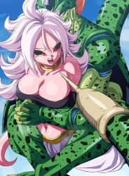Rule 34 | 1boy, 1girl, android 21, black sclera, breasts, cell (dragon ball), cleavage, colored sclera, colored skin, commission, dragon ball, dragon ball fighterz, dragonball z, earrings, hoop earrings, imperfect cell, jewelry, large breasts, leg lock, long hair, majin android 21, midriff, navel, peril, pink skin, pointy ears, red eyes, restrained, rom (20), skeb commission, stinger, sweat, tail, white hair