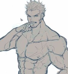 Rule 34 | 1boy, abs, bara, completely nude, facial hair, fate/grand order, fate (series), highres, long sideburns, looking at viewer, male focus, muscular, napoleon bonaparte (fate), nipples, nude, pectorals, scar, sideburns, sketch, smile, solo, souyata0502, topless male, upper body, veins, white background