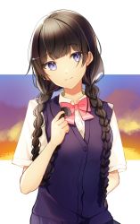 Rule 34 | 1girl, arm behind back, black hair, blue eyes, blue sweater, blunt bangs, bow, bowtie, braid, collared shirt, dress shirt, hair ornament, hair over shoulder, twirling hair, hairclip, head tilt, long hair, low twintails, nijisanji, pink bow, pink bowtie, shirt, short sleeves, solo, standing, sweater, sweater vest, tsukino mito, tsukino mito (3rd costume), twin braids, twintails, upper body, virtual youtuber, white shirt, wing collar, zyenokana