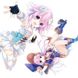 Rule 34 | 10s, 2girls, armor, armored boots, boots, breastplate, dress, elbow gloves, fingerless gloves, four goddesses online: cyber dimension neptune, gauntlets, gloves, hair ornament, hat, highres, knee boots, long hair, looking at viewer, multiple girls, nepgear, neptune (neptunia), neptune (series), official art, open mouth, purple eyes, purple hair, short dress, short hair, short sleeves, skirt, sleeveless, smile, thighhighs, transparent background, tsunako, waifu2x, witch hat, zettai ryouiki
