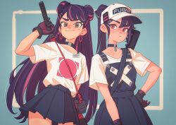 Rule 34 | 2girls, barcode, baseball cap, black gloves, black hair, black skirt, blue background, border, brown eyes, choker, collarbone, cowboy shot, double bun, e503com, earrings, gloves, hair bun, hand on own hip, hat, high ponytail, highres, holding, holding sword, holding weapon, holster, hoop earrings, jewelry, long hair, looking at viewer, mole, mole under eye, multiple girls, original, pleated skirt, ponytail, red eyes, sheath, sheathed, shirt, sidelocks, simple background, skirt, smile, sword, thick eyebrows, twintails, weapon, white border, white shirt