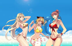 Rule 34 | 3girls, ahoge, animal ears, arm up, arms up, beach, bikini, blonde hair, blue sky, blush, cat ears, choi dal dal, closed mouth, girls of the wild&#039;s, hand up, hands up, highres, lee moon young, long hair, multiple girls, pink eyes, queen (gotw), red bikini, serious, sky, smile, swimsuit, very long hair, water, yellow bikini