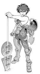 Rule 34 | 1boy, absurdres, armor, armored boots, boots, clenched hand, full body, greyscale, highres, looking at viewer, male focus, mecha danshi, monochrome, open mouth, original, road sign, sign, simple background, solo, sword plant, white background