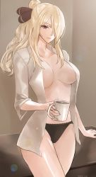 Rule 34 | 1girl, blonde hair, blush, breasts, cleavage, closed mouth, coffee, coffee mug, creatures (company), cup, cynthia (pokemon), game freak, grey eyes, hair ornament, hair over one eye, highres, holding, large breasts, long hair, looking at viewer, mug, nintendo, panties, pokemon, pokemon dppt, ponytail, shirt, smile, solo, tommy (kingdukeee), underwear, very long hair