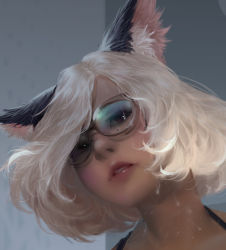 Rule 34 | 1girl, animal ear fluff, animal ears, blonde hair, bob cut, brown-framed eyewear, cat ears, cat girl, eyelashes, glasses, grey background, indoors, lips, looking at viewer, mole, mole under eye, nose, original, parted bangs, parted lips, pink lips, portrait, realistic, red eyes, san mufan, shadow, short hair, simple background, solo, sweat, swept bangs, wallpaper (object), white hair