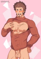Rule 34 | 1boy, abs, bara, bare pectorals, beard, blue eyes, blush, brown hair, censored, cleavage cutout, clothing cutout, erection, erection under clothes, facial hair, fate/grand order, fate (series), goatee, kakenari, large pectorals, long sideburns, long sleeves, looking at viewer, male focus, mosaic censoring, muscular, naked sweater, napoleon bonaparte (fate), nipples, pectorals, scar, sideburns, simple background, smile, solo, sweater, testicles