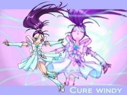 Rule 34 | 00s, 1girl, boots, bow, brooch, character name, closed eyes, cure windy, eyelashes, fuchi minoru, full body, futari wa precure splash star, heart, heart brooch, jewelry, long hair, magical girl, mishou mai, outstretched arms, ponytail, precure, purple background, purple eyes, purple hair, purple theme, ribbon, skirt, solo, spread arms
