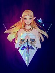 Rule 34 | 1girl, blonde hair, blush, bracelet, flower, green eyes, holding, holding sword, holding weapon, jewelry, long hair, looking at viewer, master sword, necklace, nintendo, pointy ears, princess zelda, sword, the legend of zelda, the legend of zelda: breath of the wild, tholia bentz, upper body, weapon