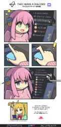 Rule 34 | 2girls, 5koma, :d, :|, ?, ^^^, absurdres, blonde hair, blue eyes, bocchi the rock!, bow, bowtie, brown eyes, cellphone, closed mouth, comic, commentary, cube hair ornament, cursor, discord, english commentary, english text, engrish text, gotoh hitori, gotoh hitori (octopus), hair ornament, highres, holding, holding phone, ijichi nijika, jacket, jitome, long hair, mixed-language commentary, mixed-language text, mouse (computer), multilingual, multiple girls, one side up, open mouth, phone, pink hair, pink jacket, ranguage, red bow, red ribbon, ribbon, school uniform, side ponytail, sidelocks, smartphone, smile, speech bubble, synapseproperty, track jacket