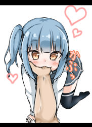 Rule 34 | 1girl, absurdres, all fours, biting another&#039;s hand, biting hand, black thighhighs, blue hair, blush, brown eyes, heart, highres, kantai collection, kasumi (kancolle), letterboxed, looking at viewer, pov, shin smile40, solo focus, suspenders, thighhighs, white background