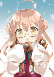 Rule 34 | 10s, 1girl, :o, ahoge, animal, animal on head, blush, brown hair, double bun, fringe trim, glasses, gradient background, hair bun, kantai collection, long hair, long sleeves, looking at viewer, maccha, makigumo (kancolle), on head, open mouth, plaid, plaid scarf, rabbit, ribbon, scarf, sleeves past wrists, snowflakes, solo, twintails, upper body, yellow eyes