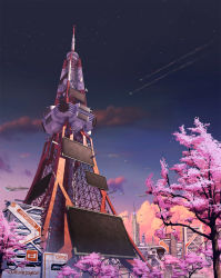 Rule 34 | aircraft, cherry blossoms, cloud, contrail, culture japan, highres, mirai millennium, no humans, pinakes, scenery, sky, star (sky), starry sky, tower, transmission tower, tree, twilight